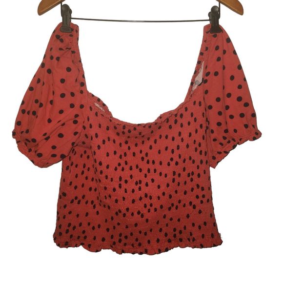 Anthropologie Dolan Top Polka Dot Smocked Shirt Red BlacK Puff Sleev Size XL - Picture 4 of 6